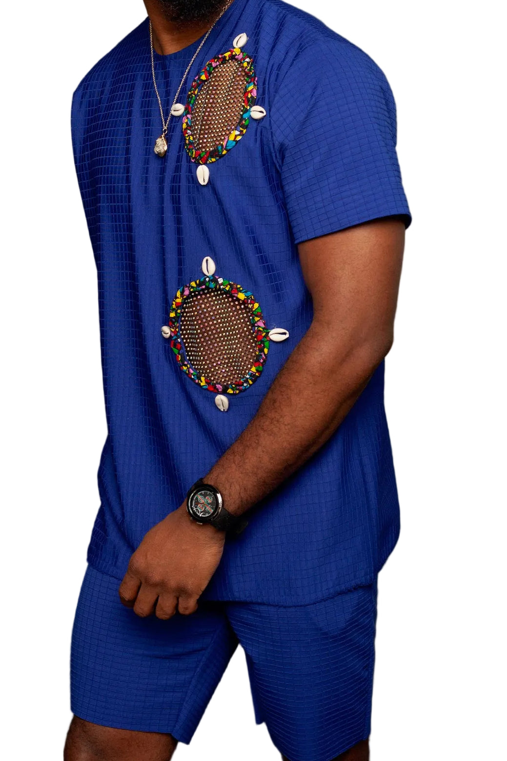 Outdoor 2 piece tunic in blue with Ankara, cowries and rhinestones mesh details