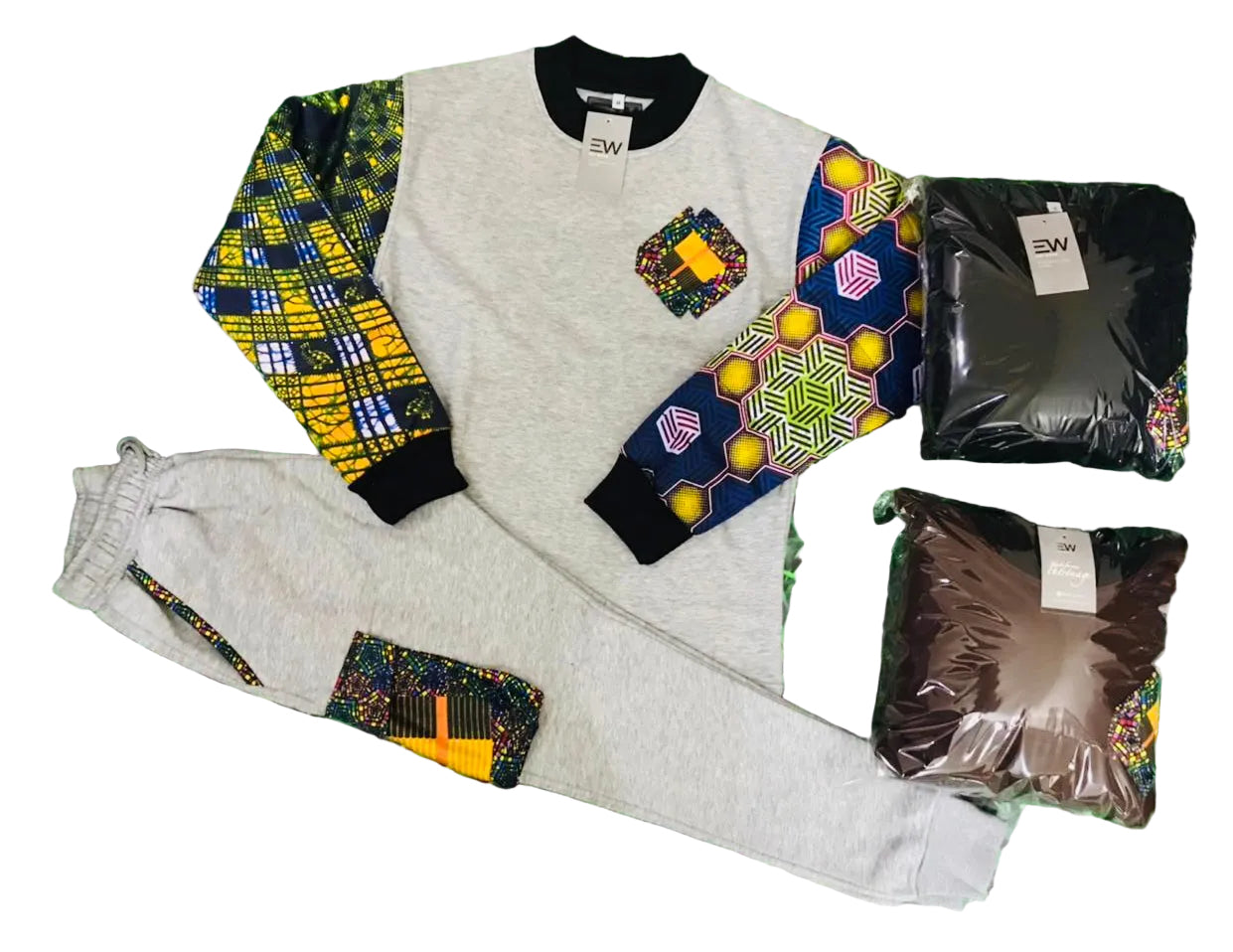Ezy Wear signature unisex sweat set with Ankara details