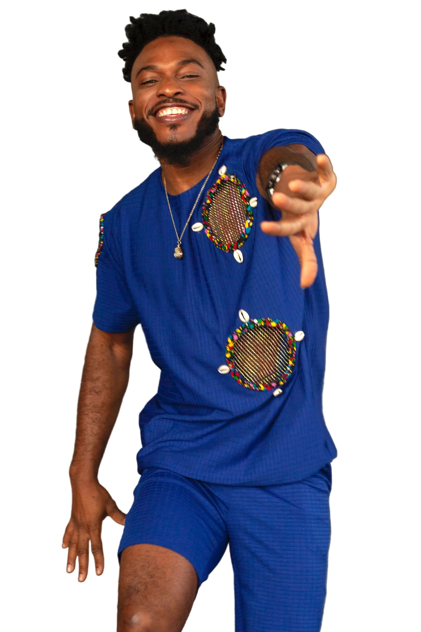 Outdoor 2 piece tunic in blue with Ankara, cowries and rhinestones mesh details