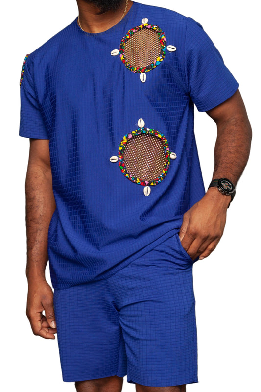 Outdoor 2 piece tunic in blue with Ankara, cowries and rhinestones mesh details